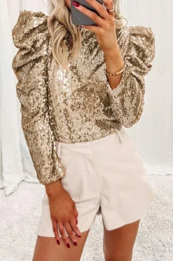 Online Dear-Lover Sequin Mock Neck Bubble Sleeve Top Apricot