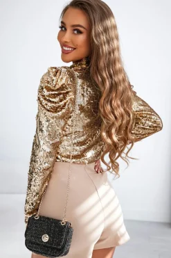 Online Dear-Lover Sequin Mock Neck Bubble Sleeve Top Apricot