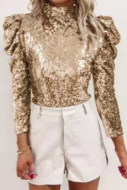 Online Dear-Lover Sequin Mock Neck Bubble Sleeve Top Apricot