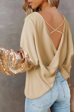 New Dear-Lover Sequin Patchwork Sleeve Open Back Waffle Knit Top Apricot