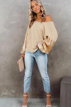 New Dear-Lover Sequin Patchwork Sleeve Open Back Waffle Knit Top Apricot