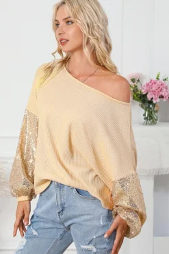 New Dear-Lover Sequin Patchwork Sleeve Open Back Waffle Knit Top Apricot