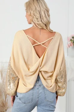 New Dear-Lover Sequin Patchwork Sleeve Open Back Waffle Knit Top Apricot