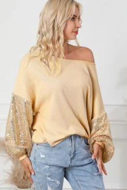 New Dear-Lover Sequin Patchwork Sleeve Open Back Waffle Knit Top Apricot