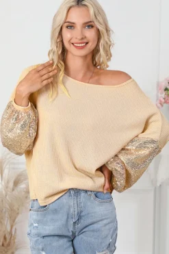 New Dear-Lover Sequin Patchwork Sleeve Open Back Waffle Knit Top Apricot