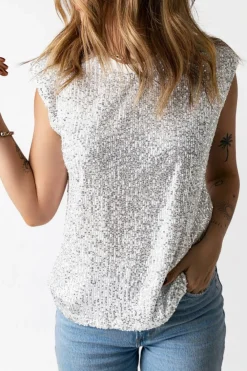 Discount Dear-Lover Sequin Round Neck Tank Top Apricot