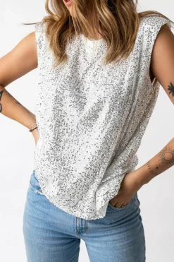 Discount Dear-Lover Sequin Round Neck Tank Top Apricot