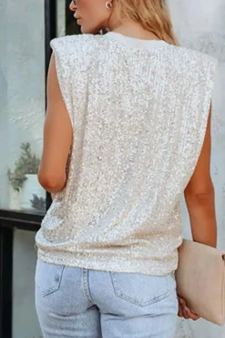Discount Dear-Lover Sequin Round Neck Tank Top Apricot