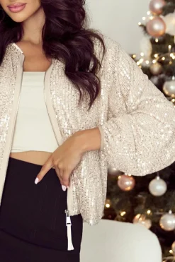 Best Dear-Lover Sequin Zip up Round Neck Long Sleeve Jacket Apricot