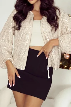 Best Dear-Lover Sequin Zip up Round Neck Long Sleeve Jacket Apricot