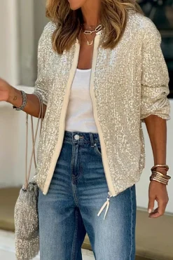 Best Dear-Lover Sequin Zip up Round Neck Long Sleeve Jacket Apricot