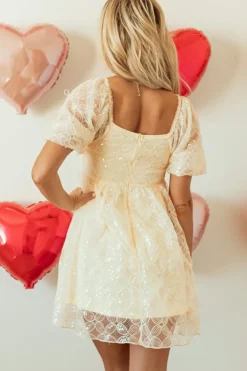 New Dear-Lover Sequined Lace Mesh Bubble Sleeve Square Neck Dress Apricot