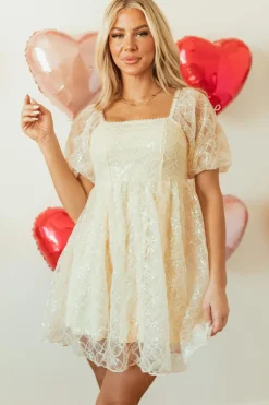 New Dear-Lover Sequined Lace Mesh Bubble Sleeve Square Neck Dress Apricot