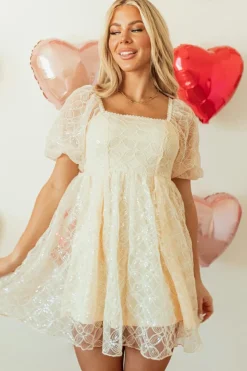New Dear-Lover Sequined Lace Mesh Bubble Sleeve Square Neck Dress Apricot