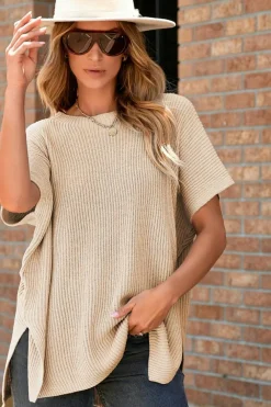 Hot Dear-Lover Short Sleeve Side Slit Oversized Sweater Apricot