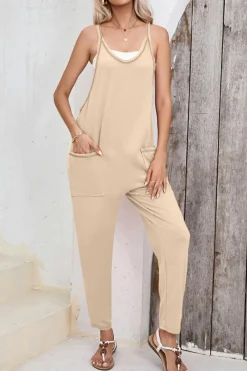 Online Dear-Lover Side Pockets Harem Pants Sleeveless V Neck Jumpsuit Apricot