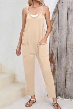 Online Dear-Lover Side Pockets Harem Pants Sleeveless V Neck Jumpsuit Apricot