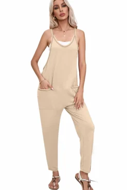 Online Dear-Lover Side Pockets Harem Pants Sleeveless V Neck Jumpsuit Apricot