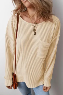 Discount Dear-Lover Solid Color Corded Drop Shoulder Long Sleeve Top Apricot