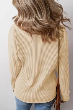 Discount Dear-Lover Solid Color Corded Drop Shoulder Long Sleeve Top Apricot