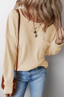 Discount Dear-Lover Solid Color Corded Drop Shoulder Long Sleeve Top Apricot