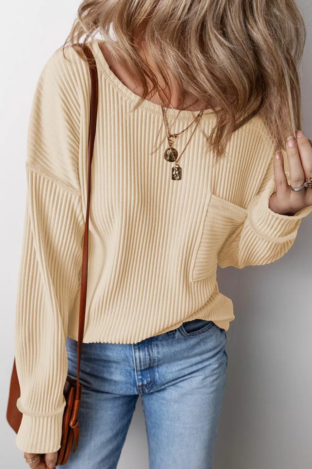 Discount Dear-Lover Solid Color Corded Drop Shoulder Long Sleeve Top Apricot