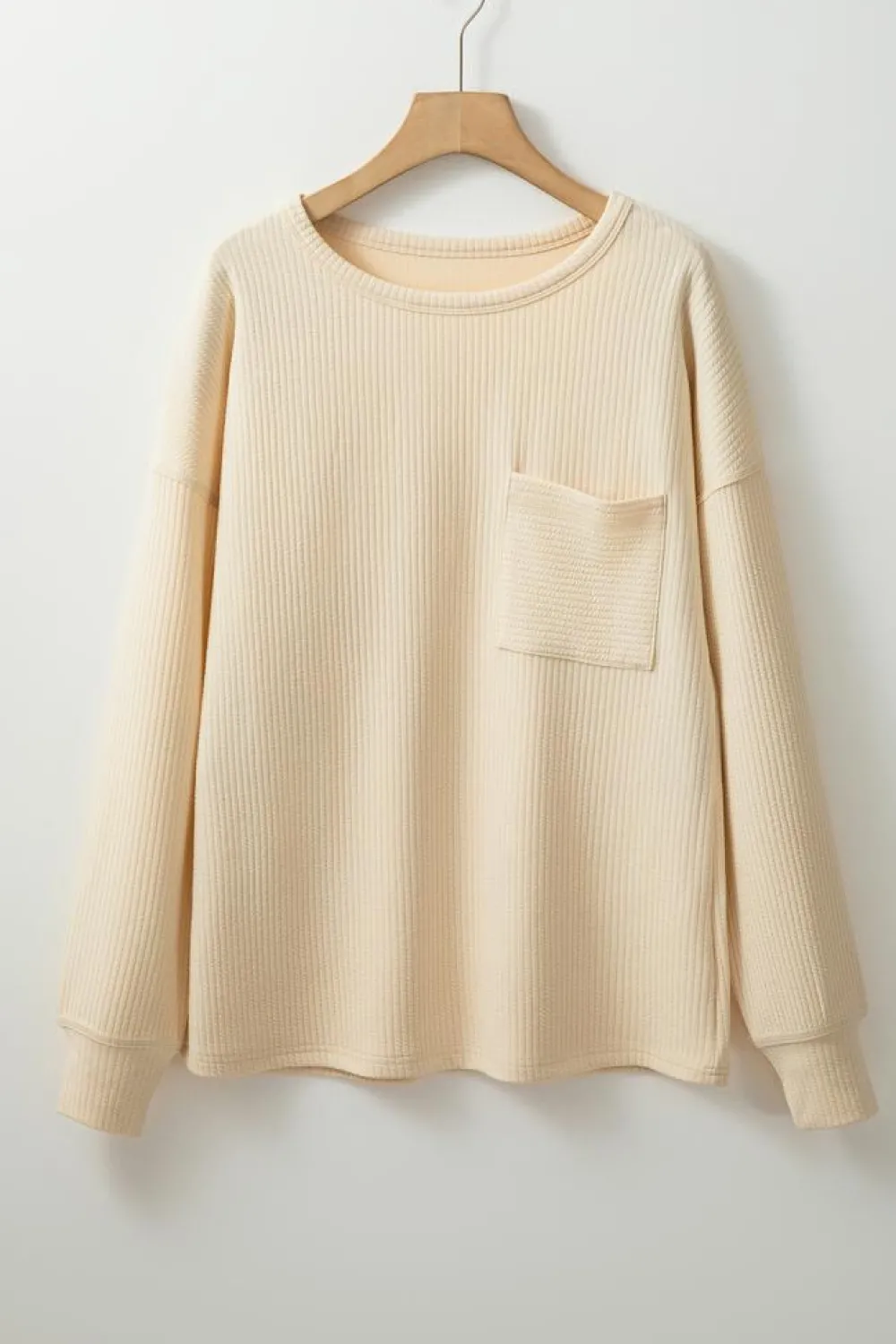 Discount Dear-Lover Solid Color Corded Drop Shoulder Long Sleeve Top Apricot