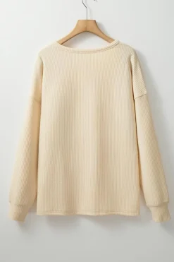 Discount Dear-Lover Solid Color Corded Drop Shoulder Long Sleeve Top Apricot
