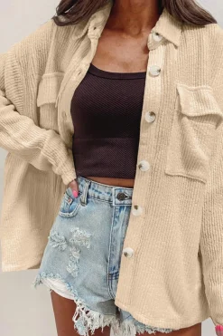 New Dear-Lover Solid Color Corduroy Buttoned Long Sleeve Shacket Apricot