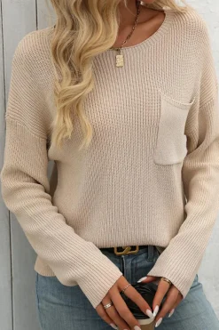New Dear-Lover Solid Color Drop Shoulder Chest Pocket Sweater Apricot