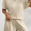 Clearance Dear-Lover Solid Color Textured T Shirt 2 Piece Shorts Set Apricot
