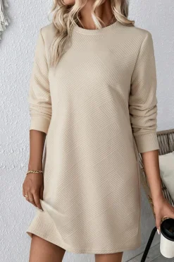 New Dear-Lover Solid Color Textured Long Sleeve Shift Dress Apricot