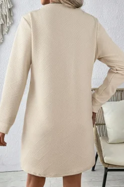 New Dear-Lover Solid Color Textured Long Sleeve Shift Dress Apricot