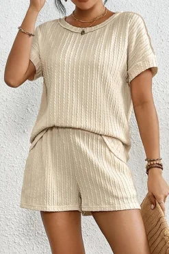 Clearance Dear-Lover Solid Color Textured T Shirt 2 Piece Shorts Set Apricot