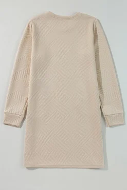 New Dear-Lover Solid Color Textured Long Sleeve Shift Dress Apricot