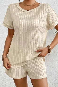 Clearance Dear-Lover Solid Color Textured T Shirt 2 Piece Shorts Set Apricot
