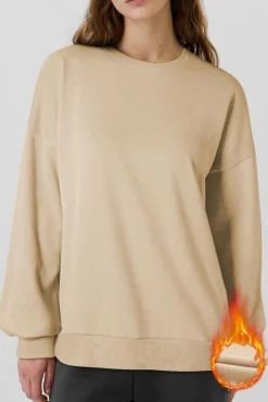 Hot Dear-Lover Solid Fleece Lined Drop Shoulder High Low Sweatshirt Apricot