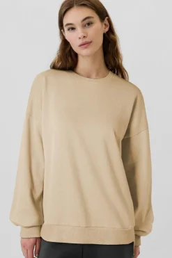 Hot Dear-Lover Solid Fleece Lined Drop Shoulder High Low Sweatshirt Apricot