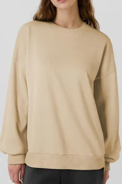 Hot Dear-Lover Solid Fleece Lined Drop Shoulder High Low Sweatshirt Apricot
