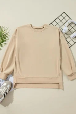 Hot Dear-Lover Solid Fleece Lined Drop Shoulder High Low Sweatshirt Apricot