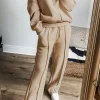 Clearance Dear-Lover Solid Seamed Zipper Jacket and Drawstring Waist Pants Set Apricot