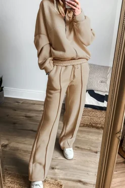 Clearance Dear-Lover Solid Seamed Zipper Jacket and Drawstring Waist Pants Set Apricot
