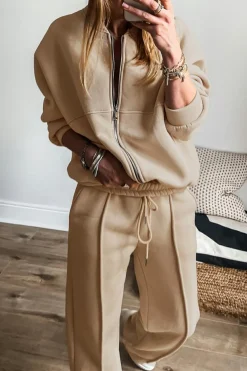 Clearance Dear-Lover Solid Seamed Zipper Jacket and Drawstring Waist Pants Set Apricot