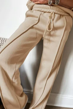 Clearance Dear-Lover Solid Seamed Zipper Jacket and Drawstring Waist Pants Set Apricot