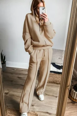 Clearance Dear-Lover Solid Seamed Zipper Jacket and Drawstring Waist Pants Set Apricot