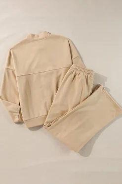 Clearance Dear-Lover Solid Seamed Zipper Jacket and Drawstring Waist Pants Set Apricot