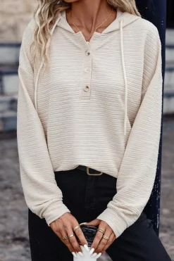 Best Dear-Lover Solid Textured Drawstring Henley Hoodie Apricot