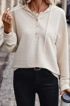 Best Dear-Lover Solid Textured Drawstring Henley Hoodie Apricot