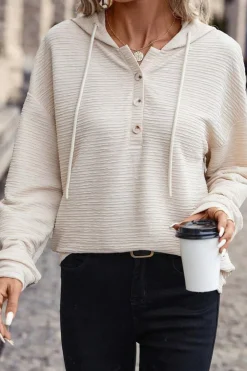 Best Dear-Lover Solid Textured Drawstring Henley Hoodie Apricot