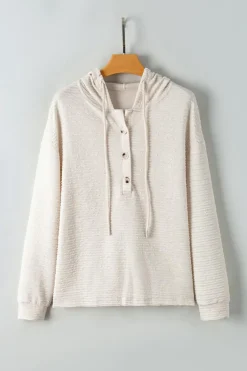 Best Dear-Lover Solid Textured Drawstring Henley Hoodie Apricot